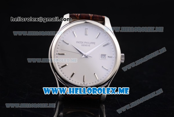 Patek Philippe Calatrava Miyota Quartz Steel Case with White Dial and Brown Leather Strap Stick Markers - Click Image to Close